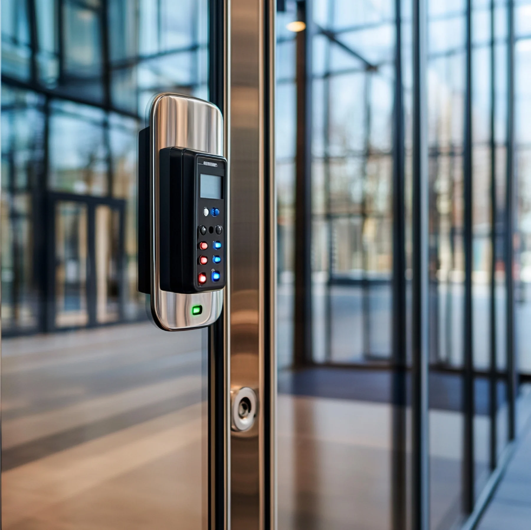 Access control reader mounted at a secure glass entrance