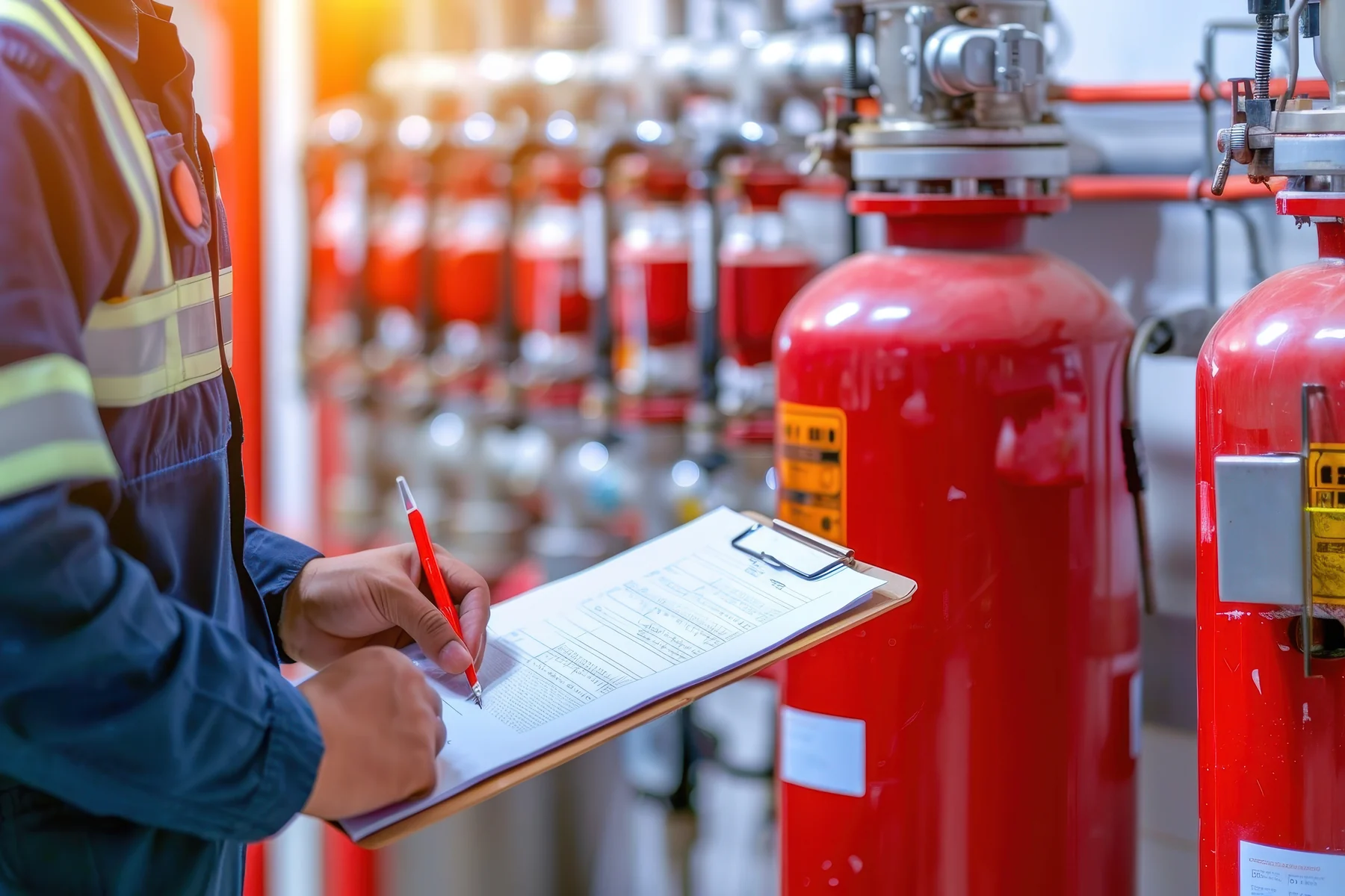 Engineer inspecting fire-safety equipment readiness