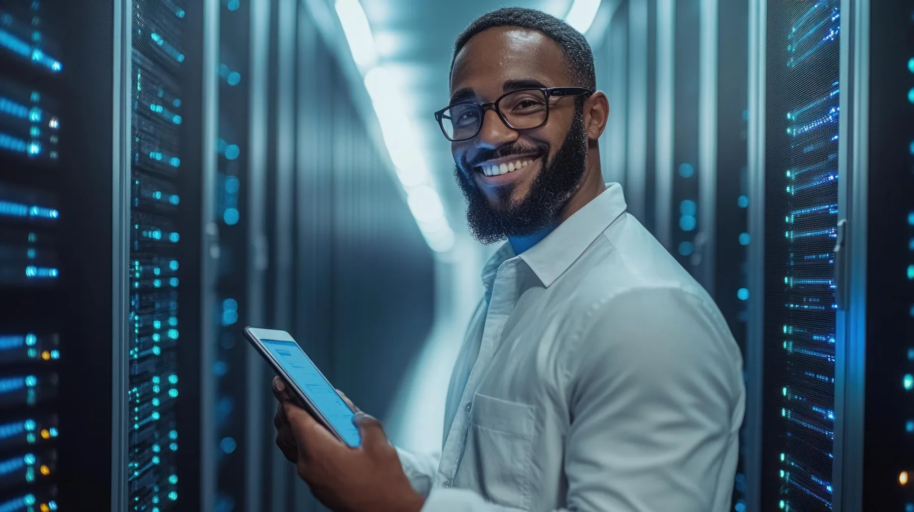 African network engineer inspecting server racks with a tablet