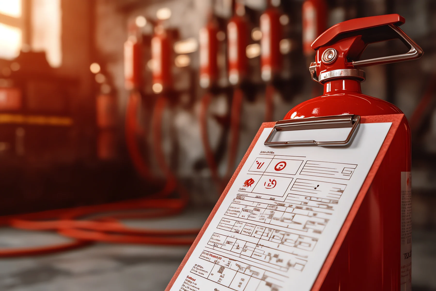 Red fire extinguisher with an inspection checklist for safety readiness